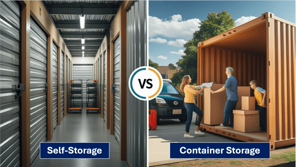 Side-by-side comparison of traditional self storage and container storage. Left shows a dark corridor with closed storage units; right shows a bright, open container with drive-up access and a person loading boxes.
