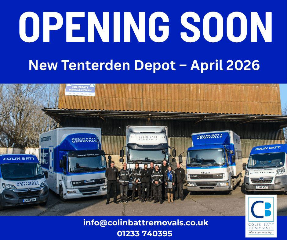 Team photo of Colin Batt Removals & Storage with fleet of trucks, announcing the new Tenterden depot opening in April 2026.